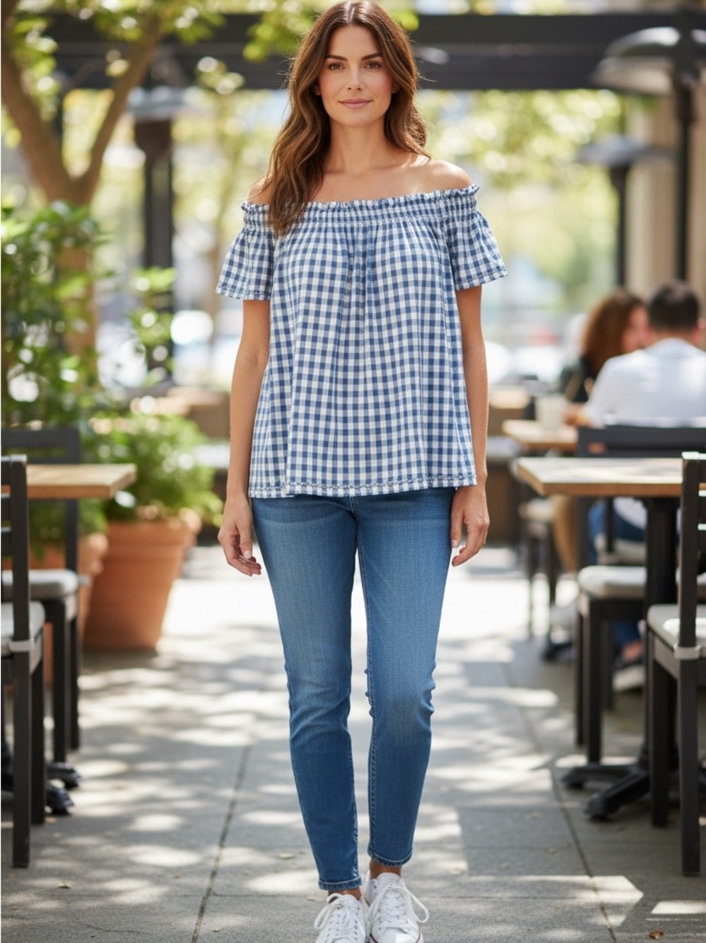Max Studio Blue White Gingham Off-Shoulder Top